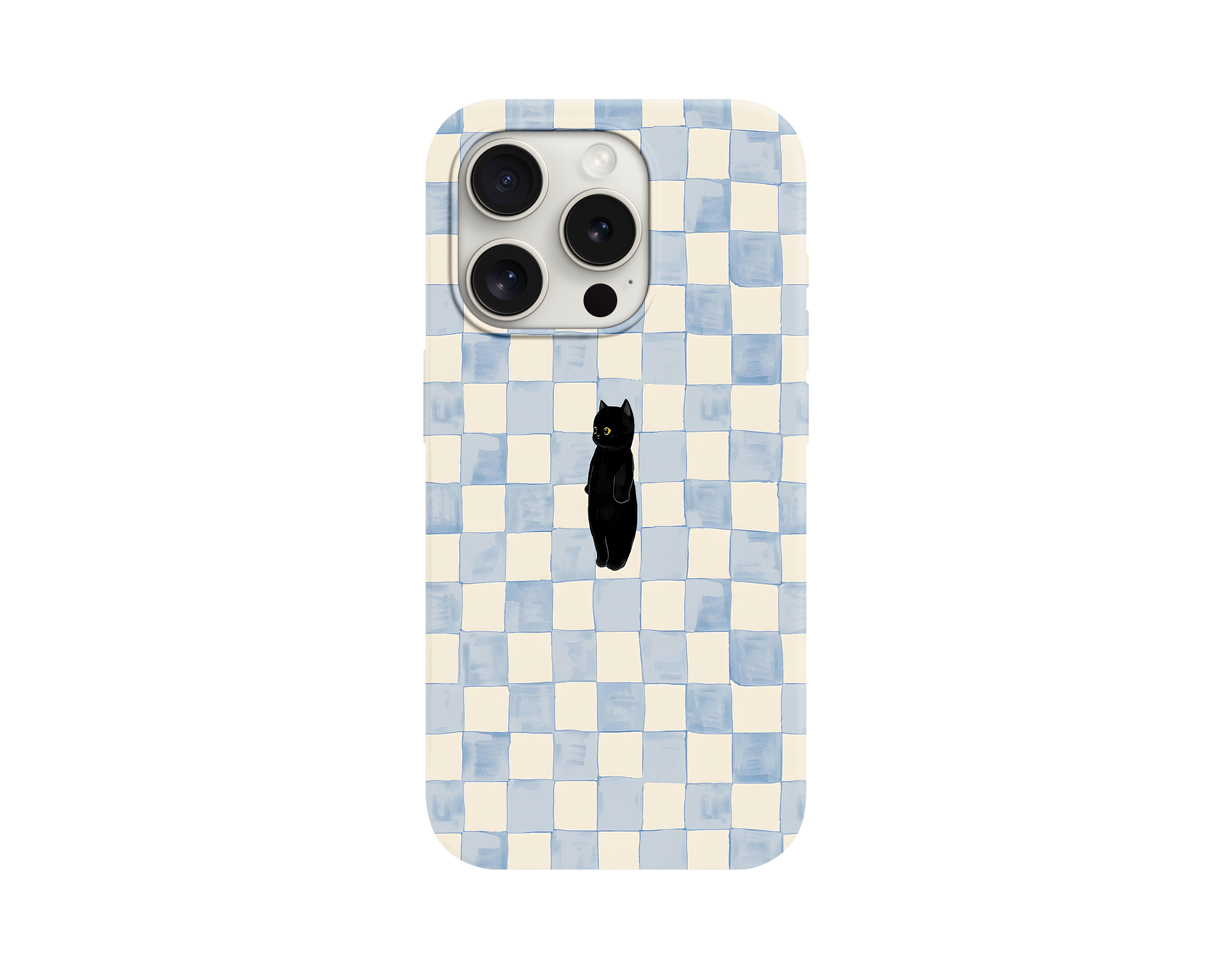 Mavi Kareli Desenli Siyah Kedi Telefon Kılıfı