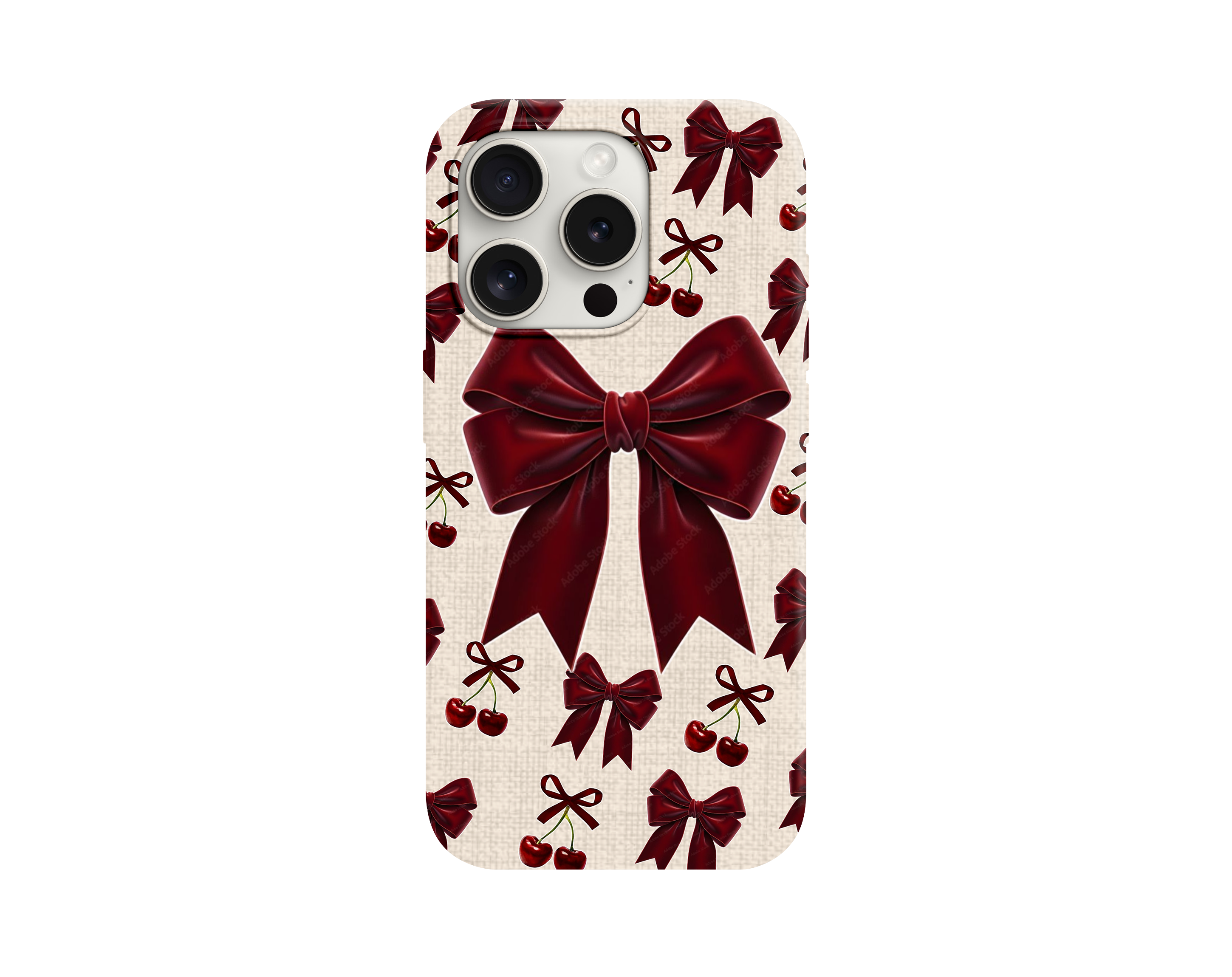 Bordo Saten Fiyonk ve Kiraz Desenli Telefon Kılıfı
