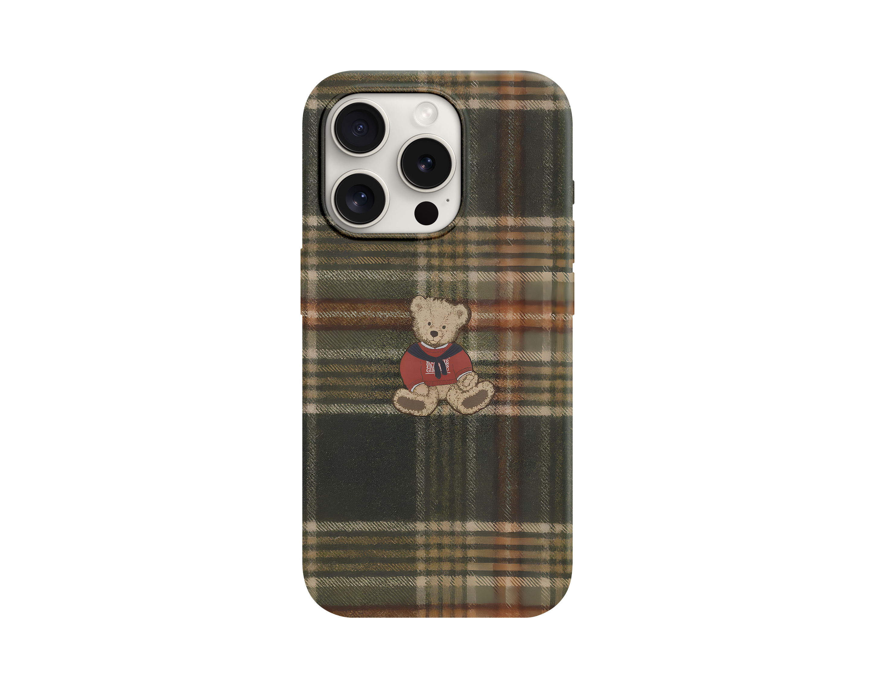 Ekose Desenli Peluş Ayı Figürlü Telefon Kılıfı