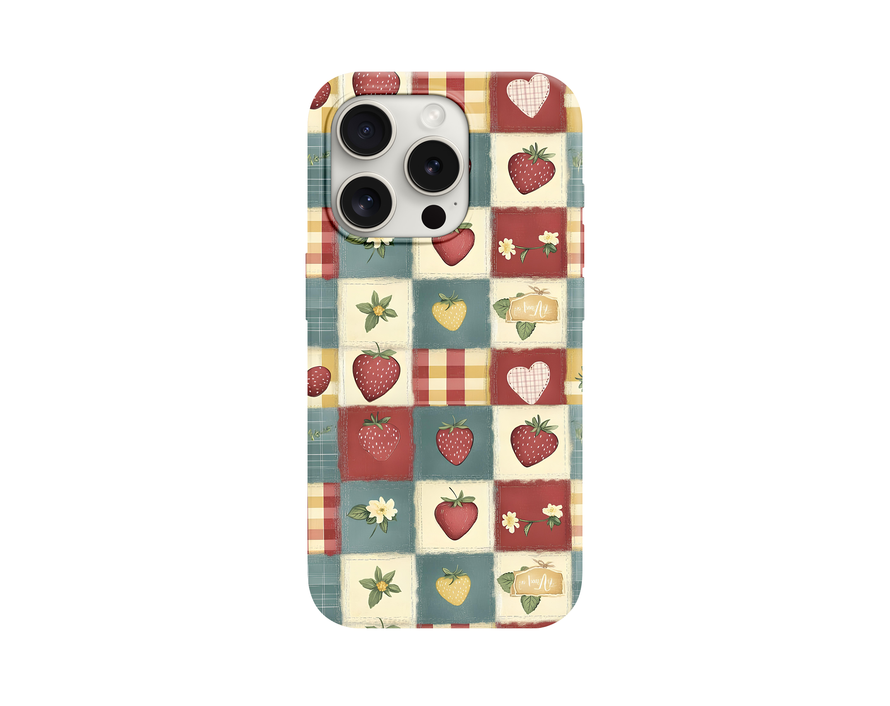 Çilek ve Kalp Desenli Patchwork Telefon Kılıfı