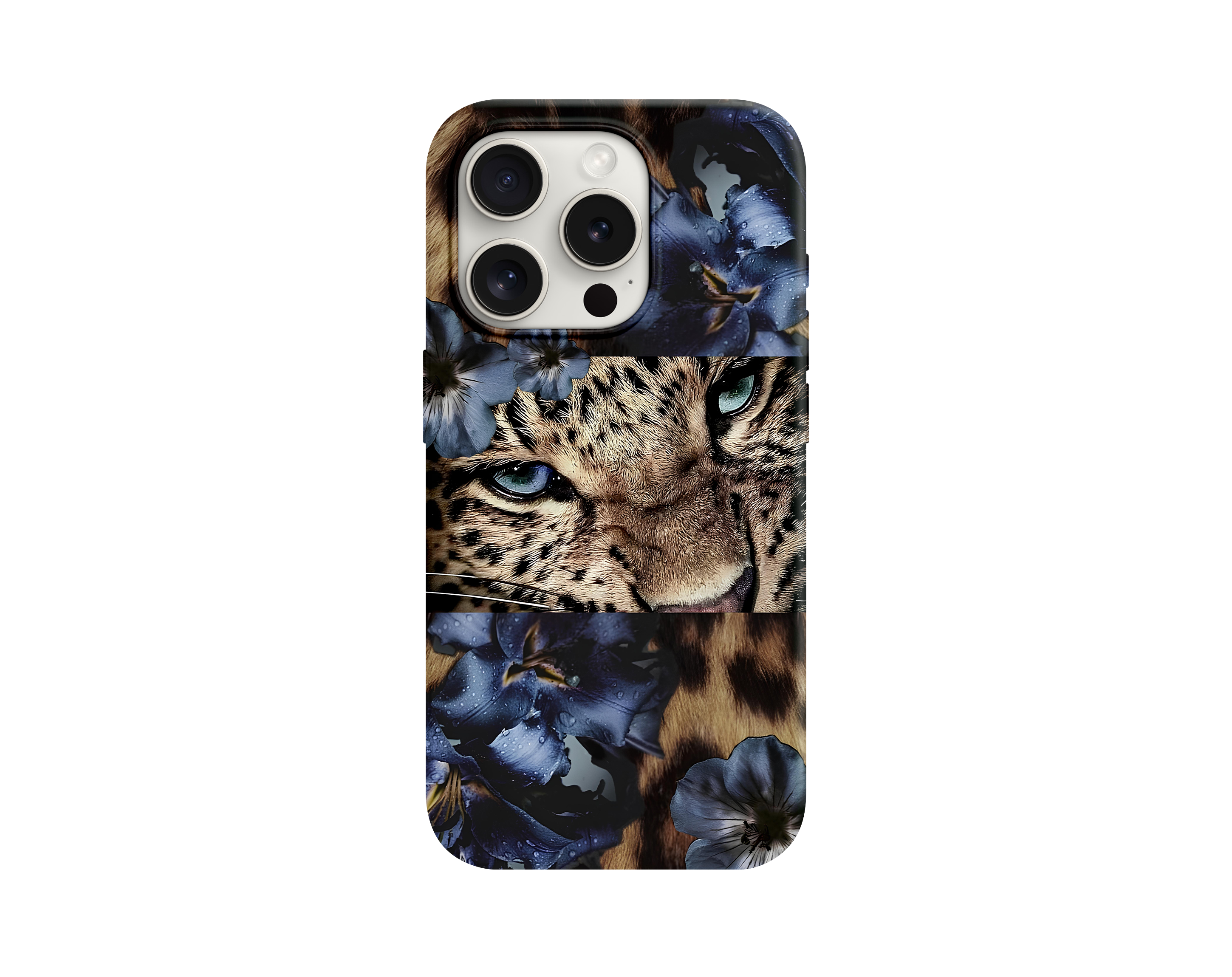 Leopar Bakışı ve Derin Mavi Çiçekli Telefon Kılıfı