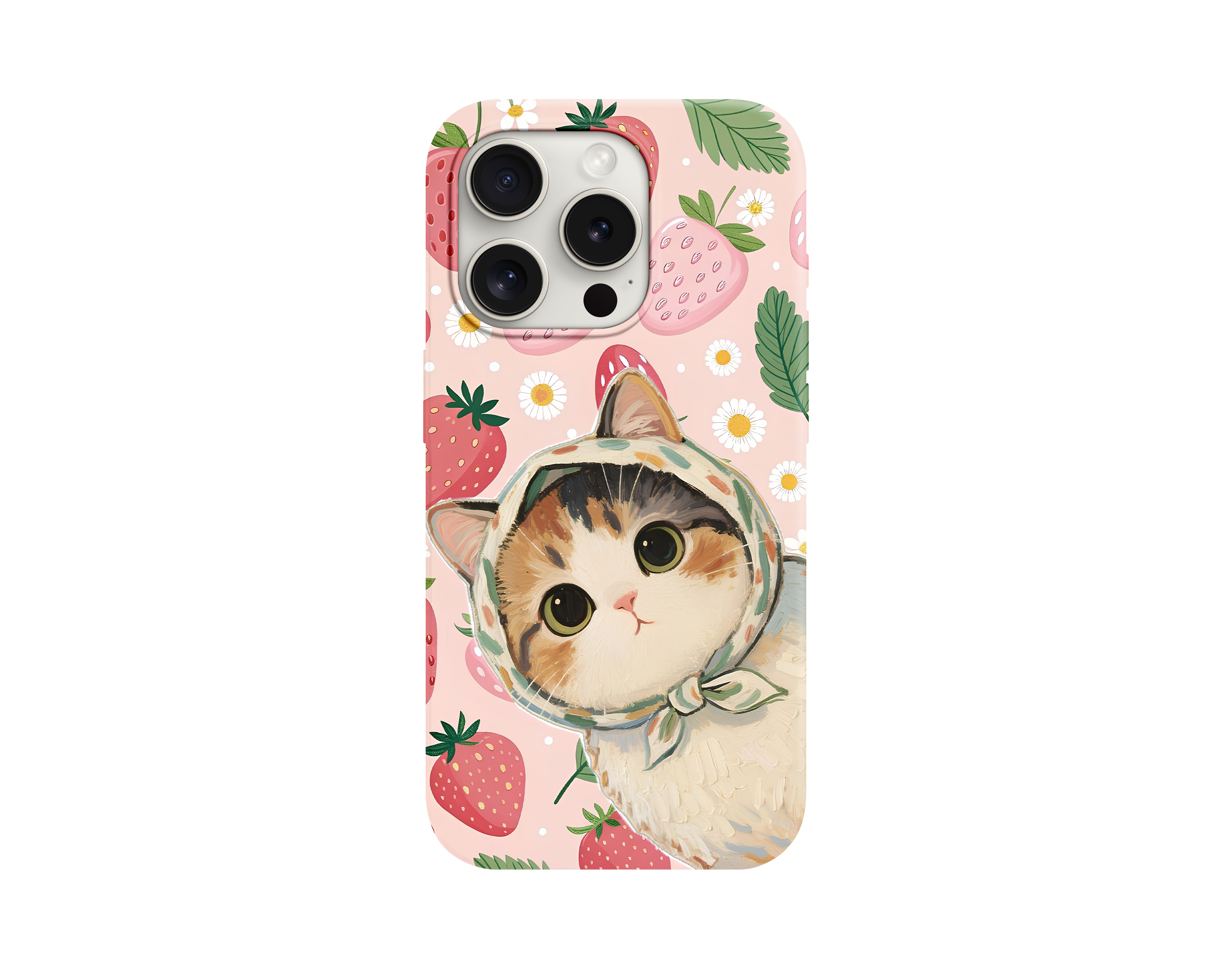 Sevimli Kedi ve Çilek Desenli Telefon Kılıfı