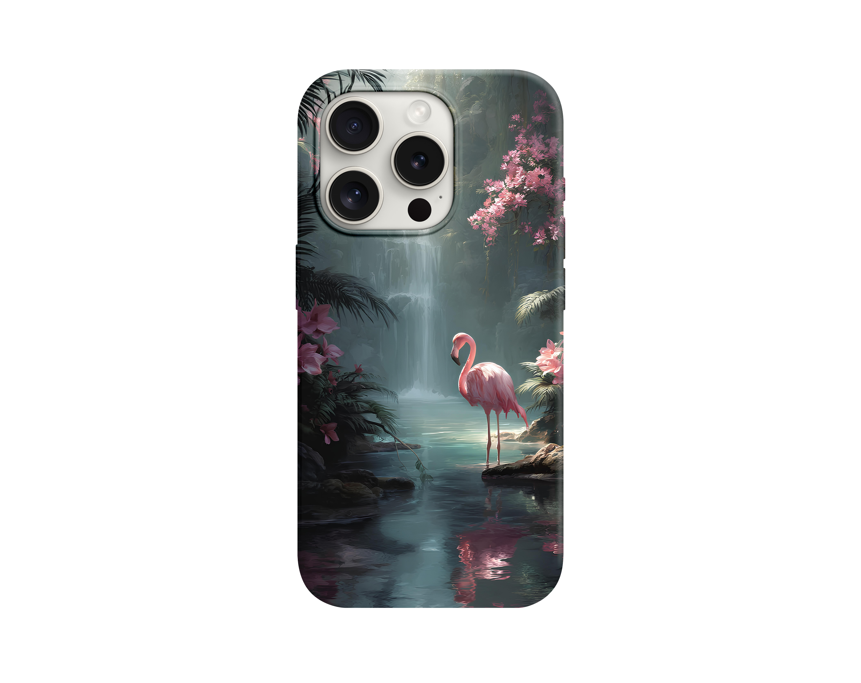 Flamingo ve Şelale Manzaralı Telefon Kılıfı
