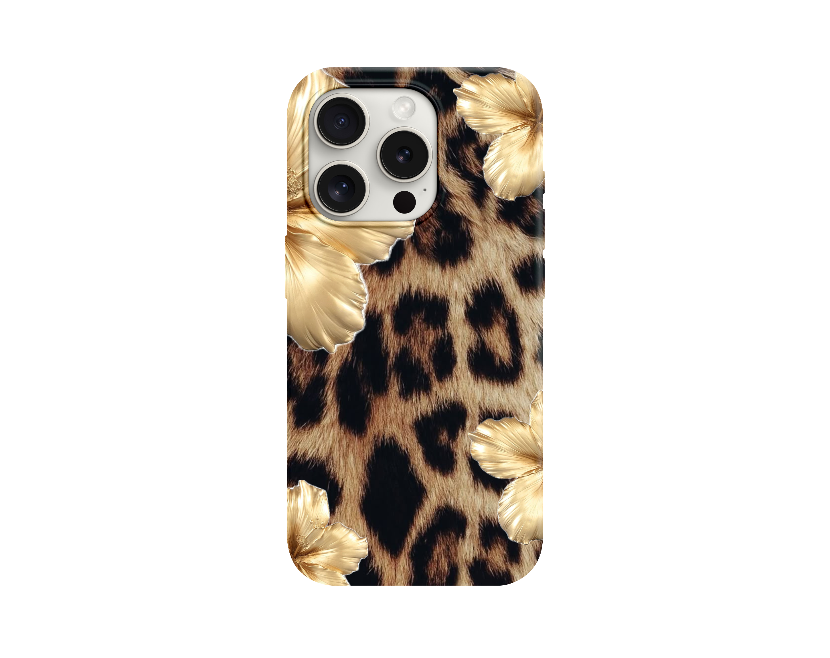 Altın Çiçekli Leopar Desenli Telefon Kılıfı