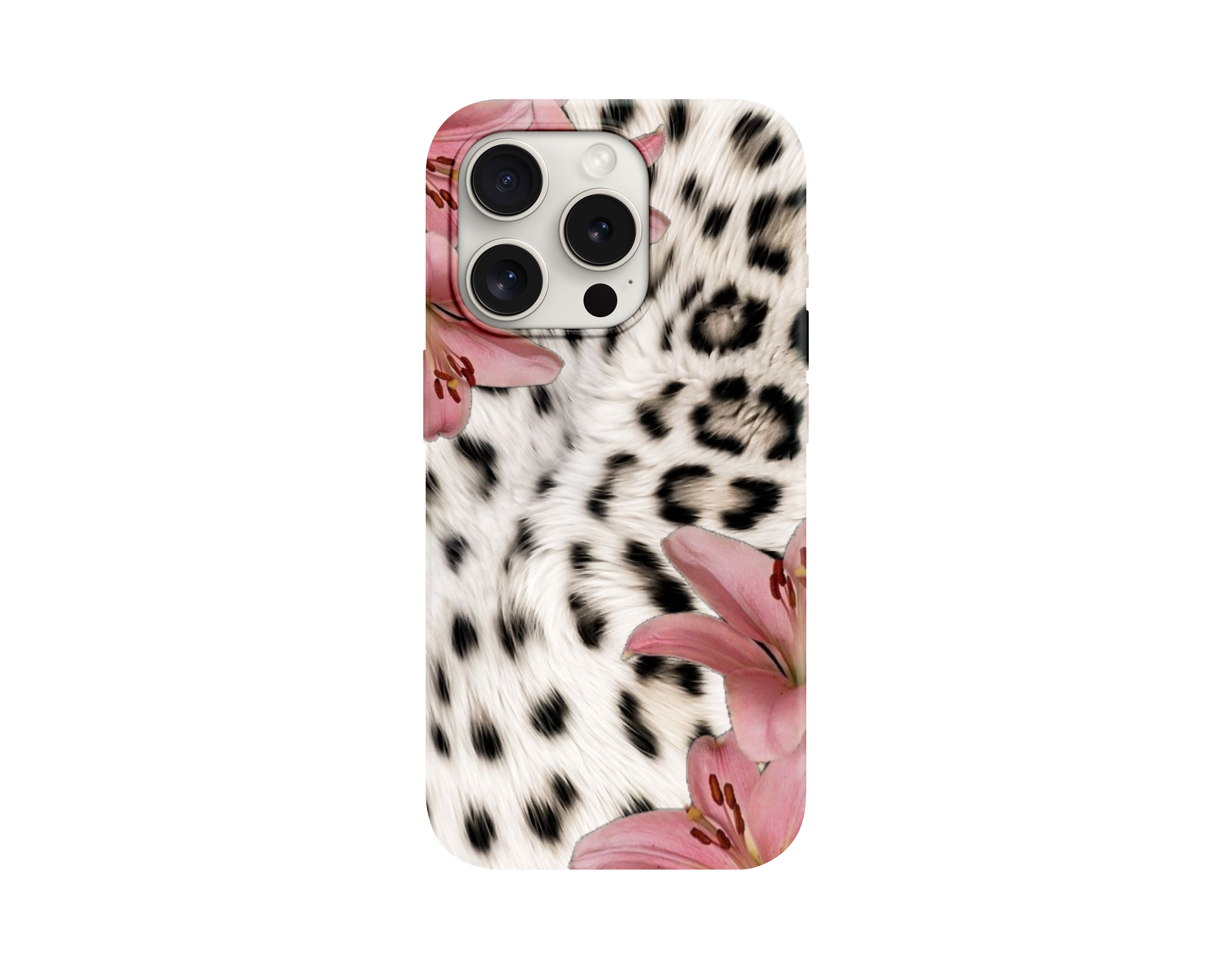 Beyaz Leopar ve Pembe Zambaklı Telefon Kılıfı