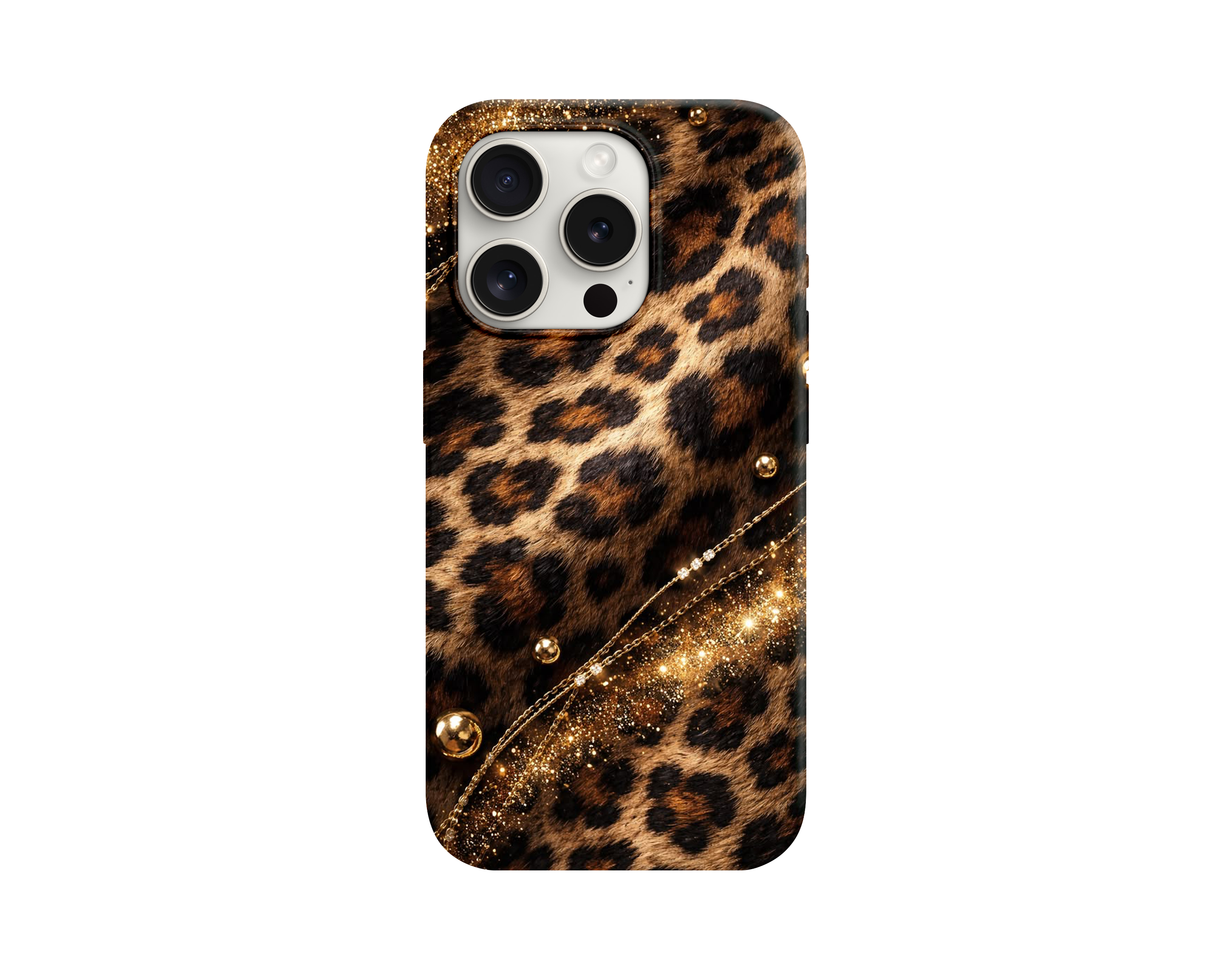 Altın Zincirli Leopar Desenli Telefon Kılıfı