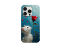 Beyaz Kedi ve Kırmızı Gül Desenli Telefon Kılıfı