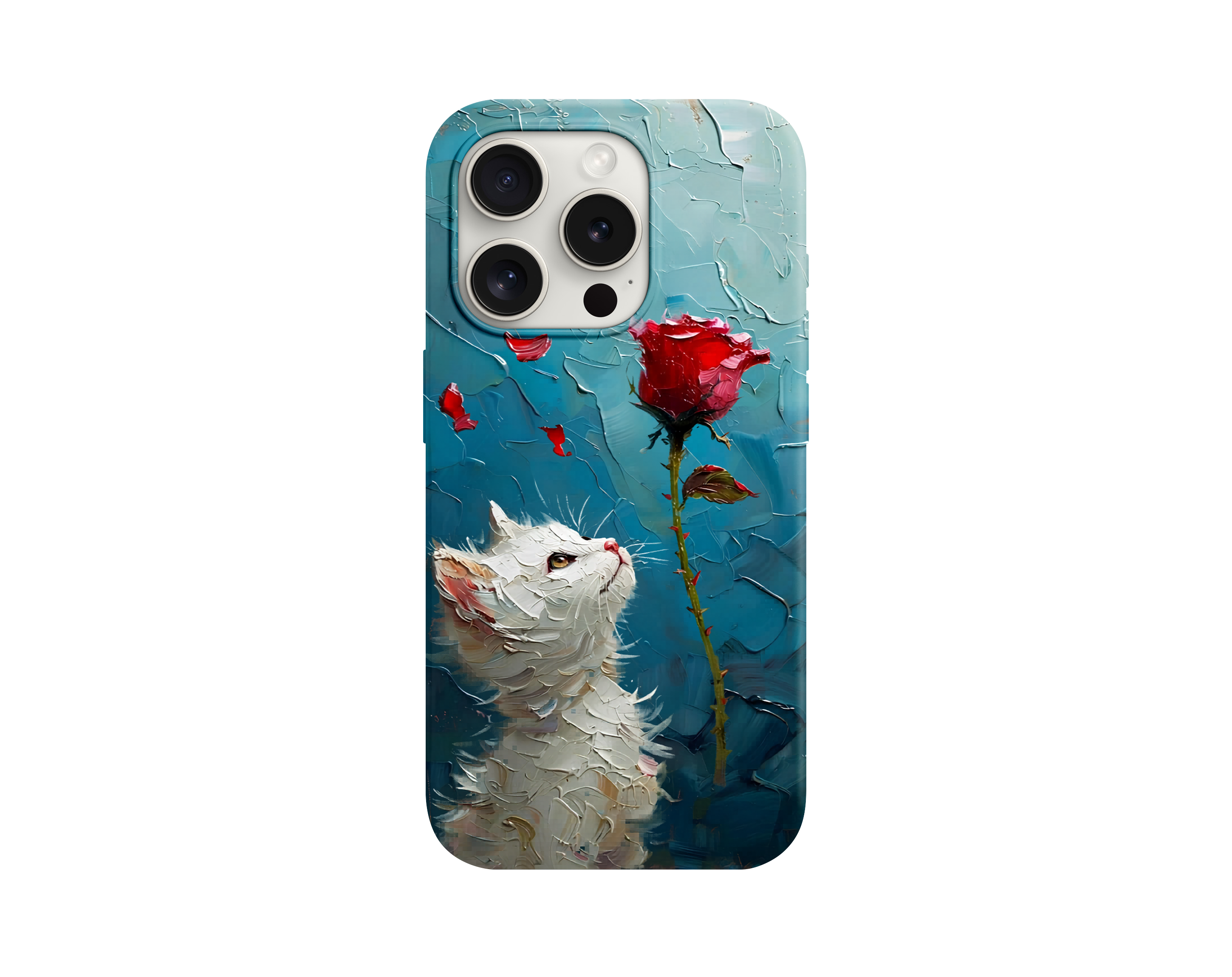 Beyaz Kedi ve Kırmızı Gül Desenli Telefon Kılıfı